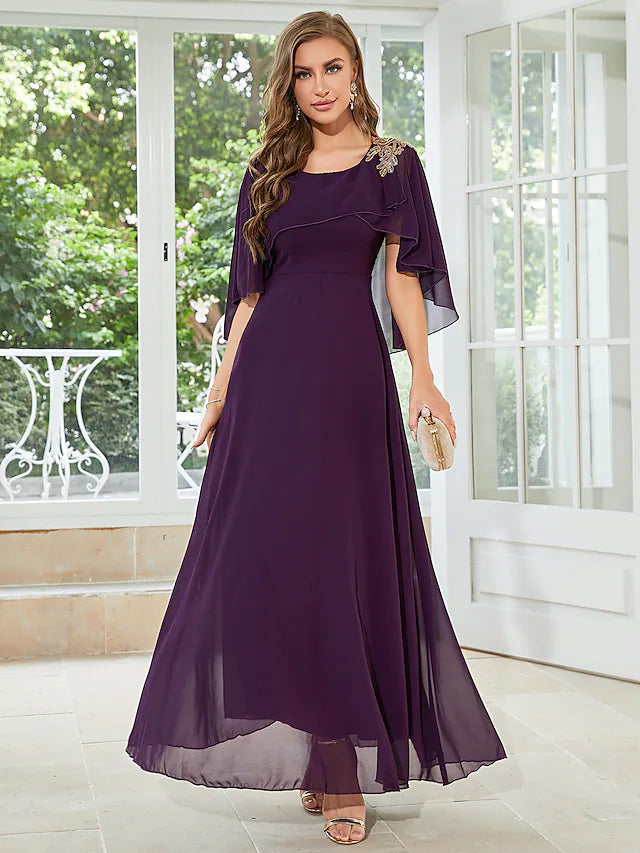 A-Line Wedding Guest Dresses Elegant Dress Party Wear Floor Length Half Sleeve Jewel Neck Chiffon