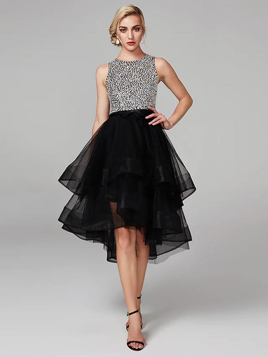 Ball Gown Cute Dress Homecoming Knee Length Sleeveless Jewel Neck Wednesday Addams Family Satin with Beading Cascading