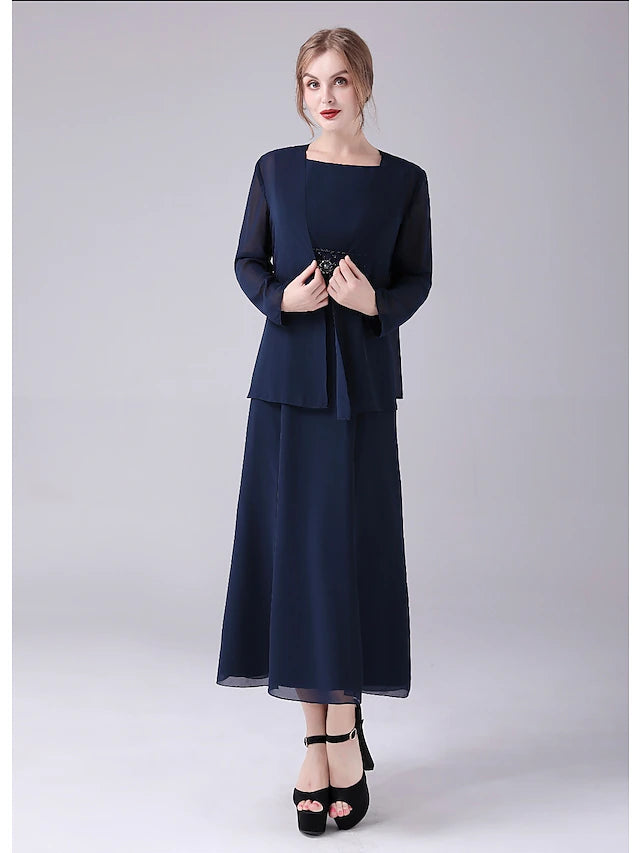 A-Line Mother of the Bride Dress Elegant Sweet Jewel Neck Ankle Length Chiffon Sleeveless