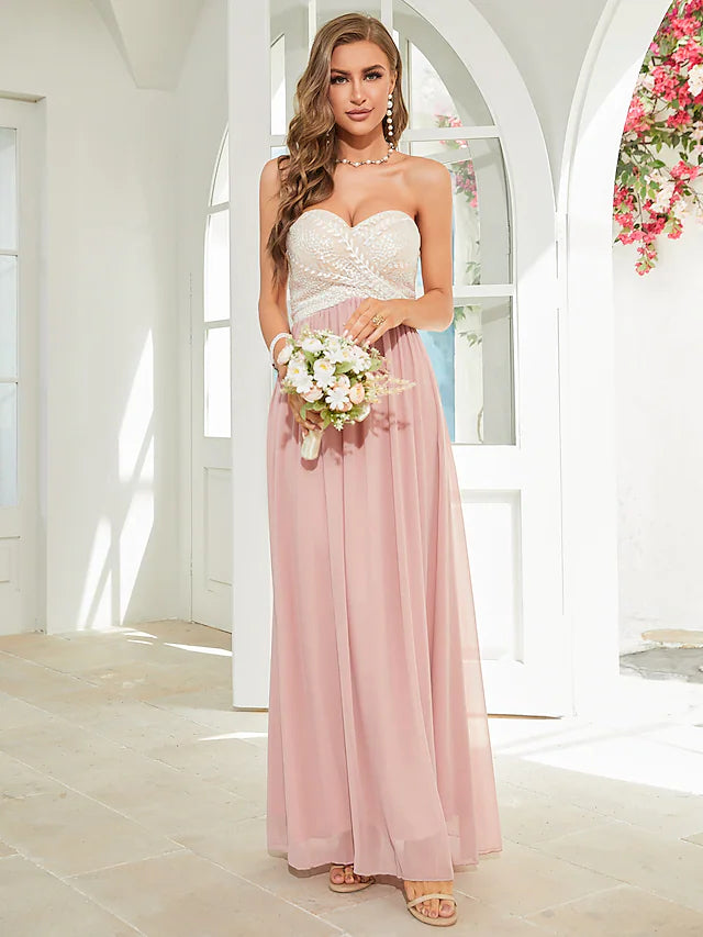 A-Line Wedding Guest Dresses Floral Dress Party Wear Ankle Length Sleeveless Strapless Chiffon Backless