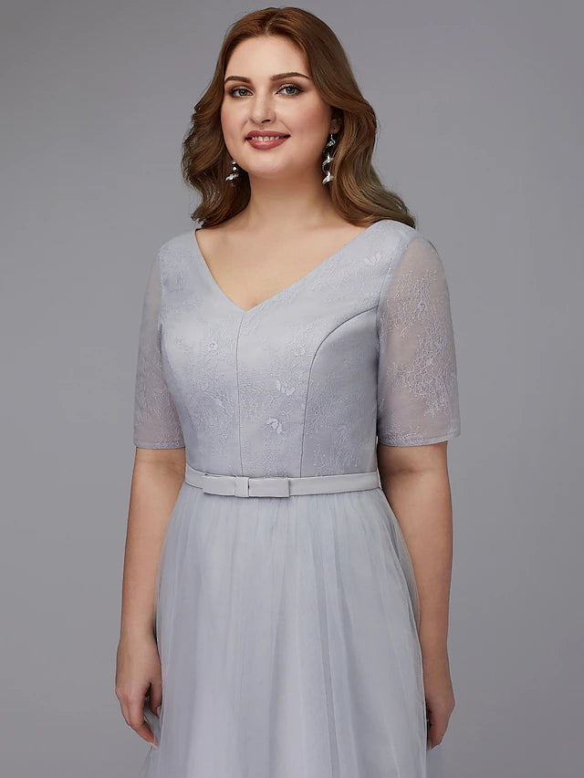 A-Line Elegant Dress Wedding Guest Tea Length Short Sleeve V Neck Lace Lace-up with Sash