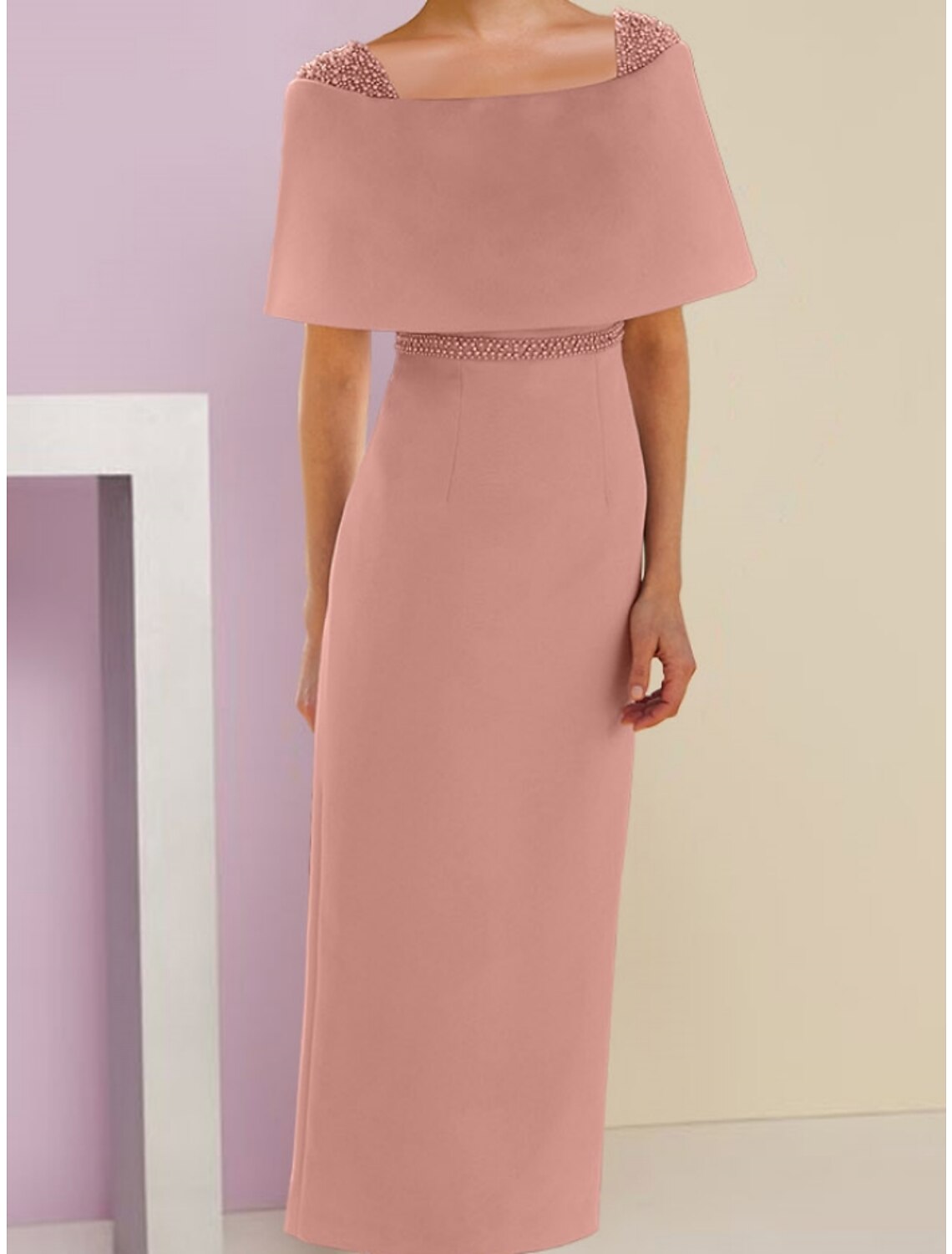 A-Line Mother of the Bride Dress Wedding Guest Elegant Off Shoulder Ankle Length Stretch Fabric Short Sleeve with Beading