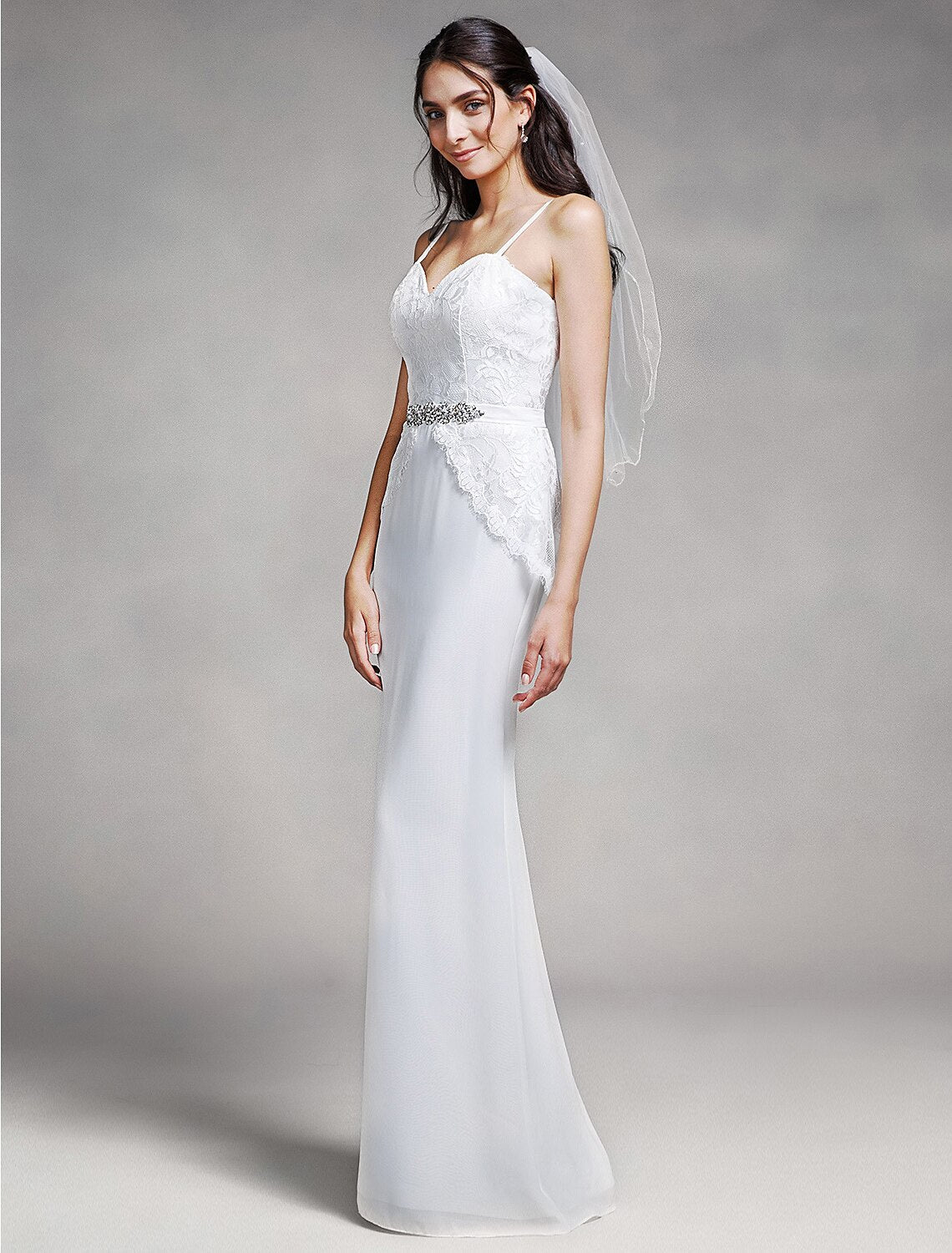 Mermaid / Trumpet Bridesmaid Dress Spaghetti Strap Sleeveless Elegant Floor Length Chiffon / Lace with Lace