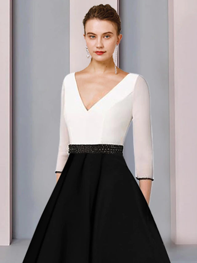 A-Line Mother of the Bride Dress Wedding Guest Elegant V Neck Tea Length Chiffon Satin Short Sleeve with Sash / Ribbon Color
