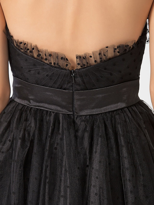 Ball Gown Little Black Dress Dress Holiday Tea Length Sleeveless Sweetheart Tulle with Sash