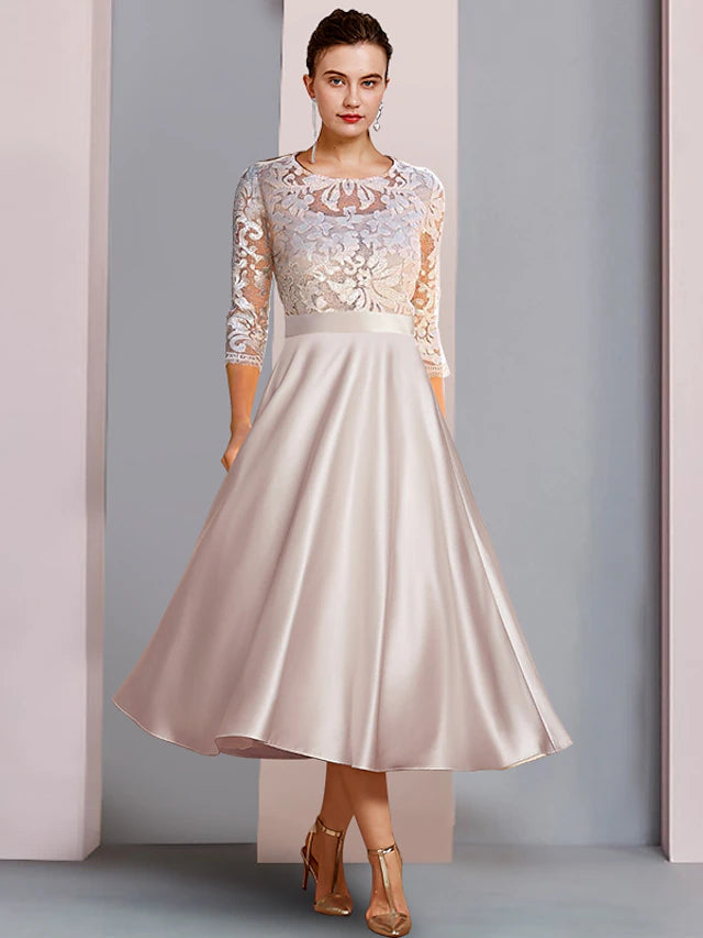 A-Line Mother of the Bride Dress Wedding Guest Party Elegant Scoop Neck Tea Length Satin Lace 3/4 Length Sleeve