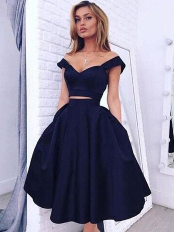 A-Line Princess Off-the-Shoulder Sleeveless Tea-Length Satin Piece Dresses Pure Color