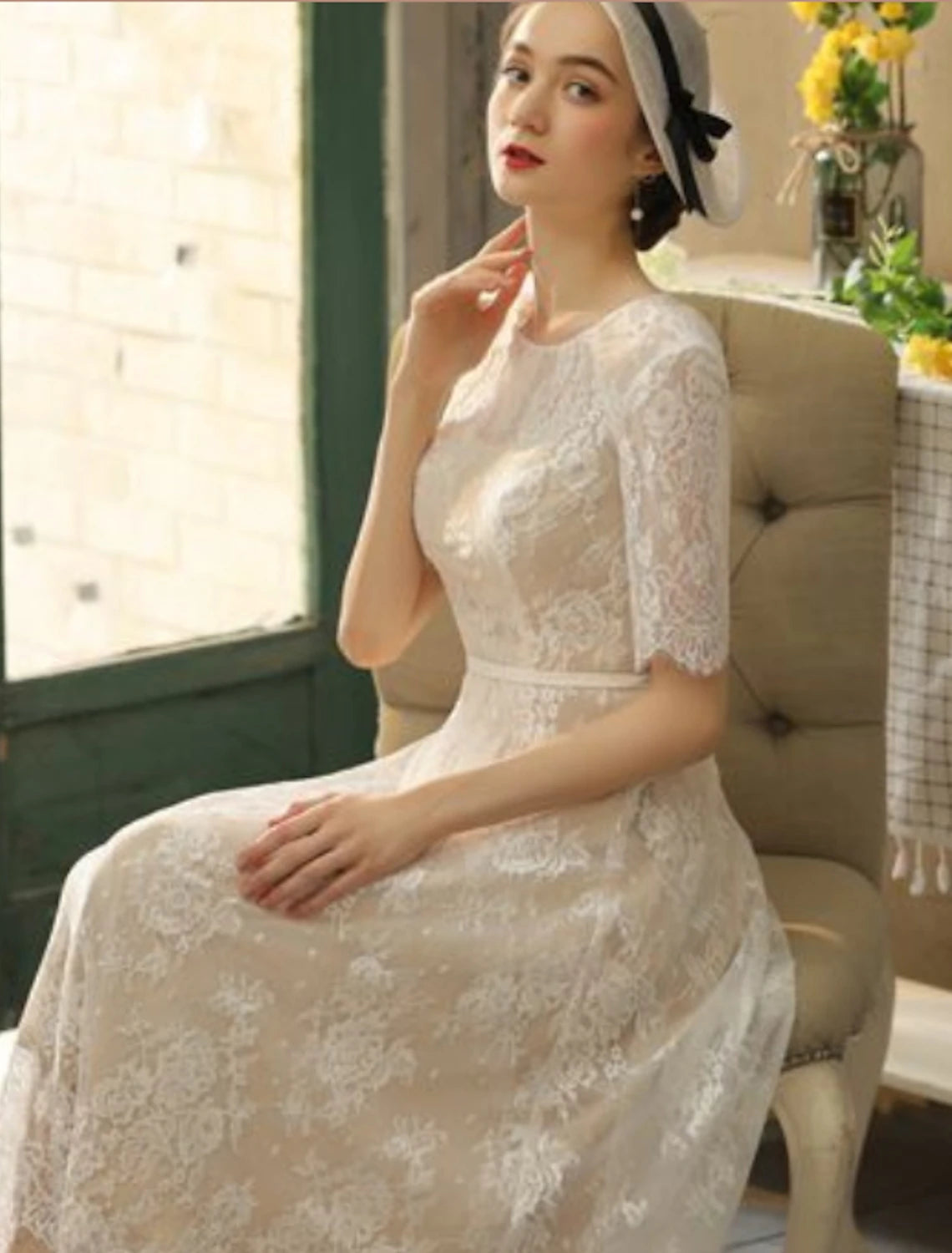 Reception Fall Wedding Dresses Little White Dresses in Color A-Line Illusion Neck Half Sleeve Tea Length Lace Bridal Gowns With Sash / Ribbon Appliques