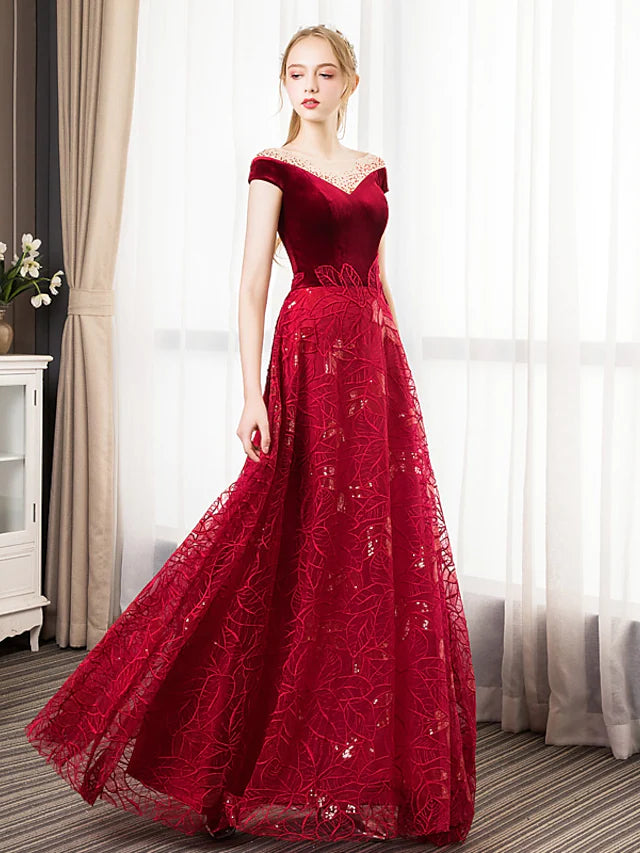 A-Line Prom Dresses Glittering Dress Engagement Floor Length Short Sleeve Jewel Neck Tulle with Pleats Crystals Pattern