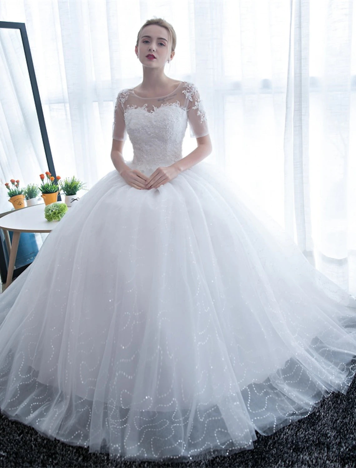 Reception Formal Wedding Dresses Ball Gown Illusion Neck Half Sleeve Floor Length Satin Bridal Gowns