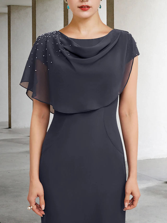 Sheath / Column Mother of the Bride Dress Wedding Guest Vintage Elegant Jewel Neck Tea Length Chiffon Short Sleeve with Pearls