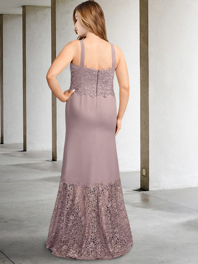 Two Piece A-Line Plus Size Curve Mother of the Bride Dresses Elegant Dress Formal Asymmetrical Sleeveless Square Neck Chiffon with Appliques