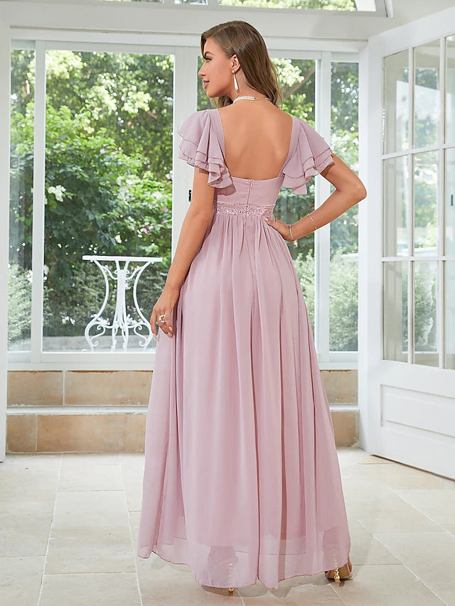 A-Line Wedding Guest Dresses Elegant Dress Party Wear Floor Length Short Sleeve Square Neck Chiffon