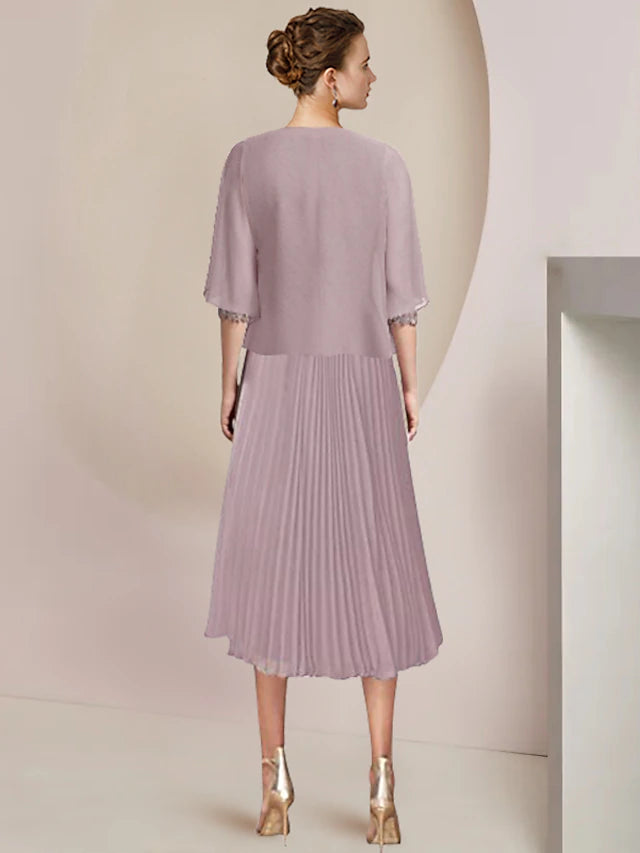 Two Piece A-Line Mother of the Bride Dress Formal Wedding Guest Elegant Scoop Neck Tea Length Lace 3/4 Length Sleeve Wrap Included with Pleats