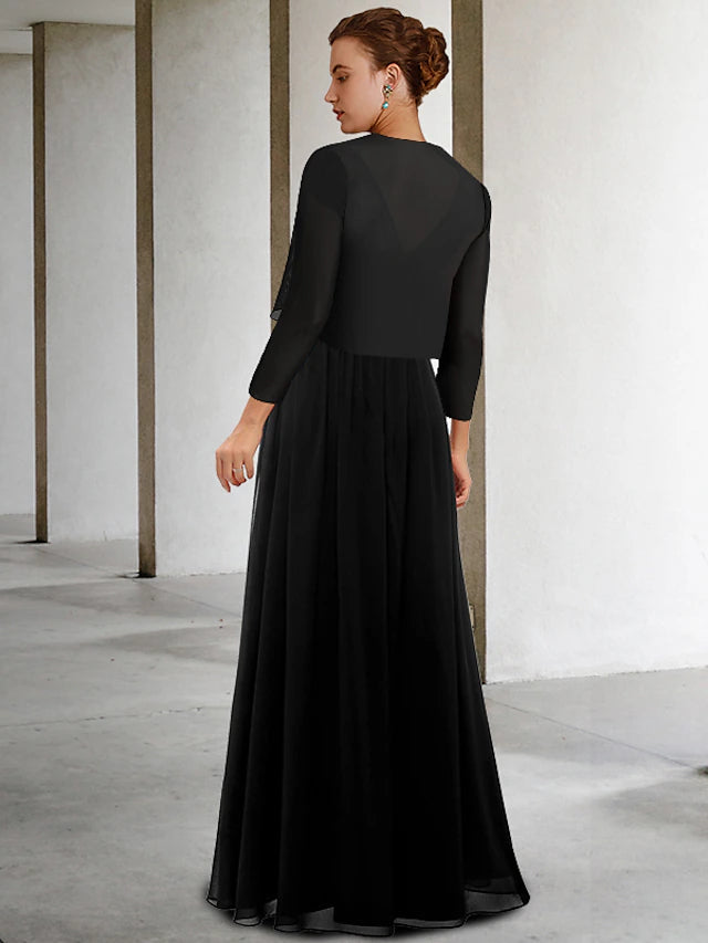 Two Piece A-Line Mother of the Bride Dress Plus Size Elegant V Neck Floor Length Chiffon Lace Sleeveless Wrap Included with Sash / Ribbon Pleats