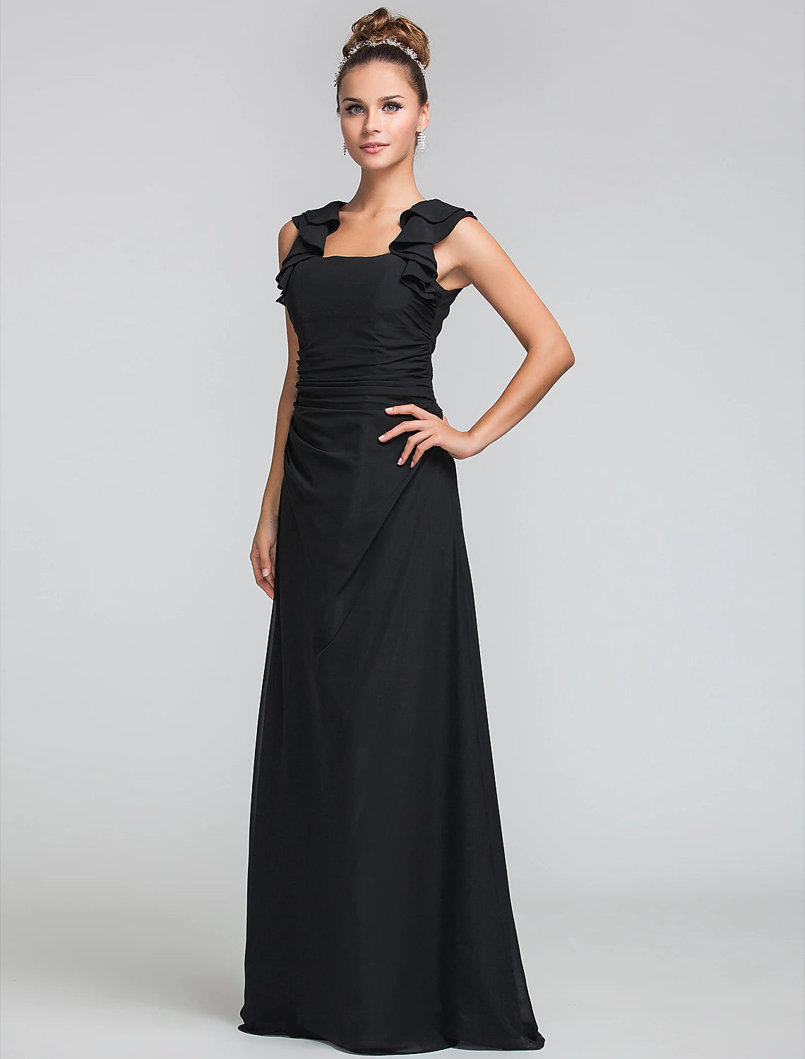 Sheath / Column Square Neck Floor Length Chiffon Bridesmaid Dress