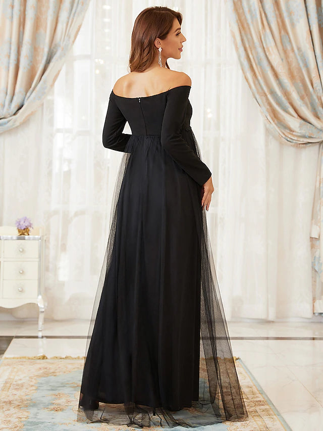 A-Line Mother of the Bride Dress Maternity Elegant Off Shoulder Floor Length Tulle Long Sleeve with Tier Black
