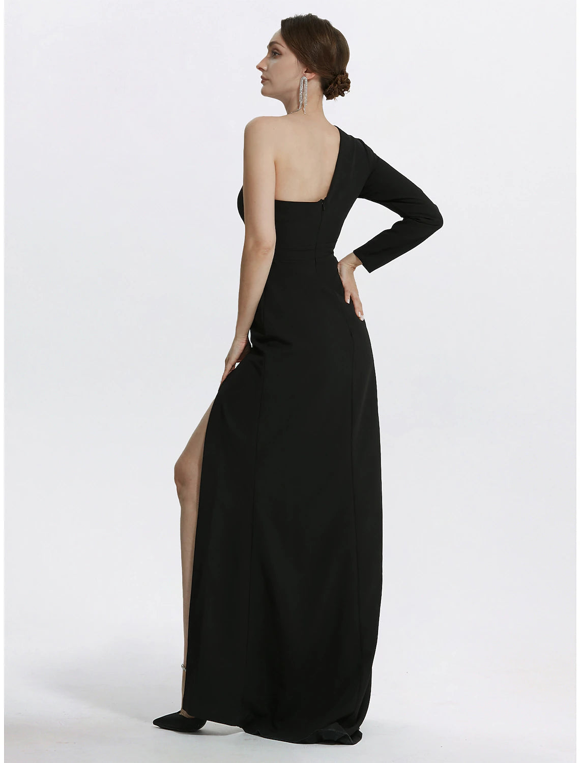 Mermaid Evening Gown Elegant Black Dress Wedding Guest Prom Floor Length Long Sleeve One Shoulder Stretch Fabric
