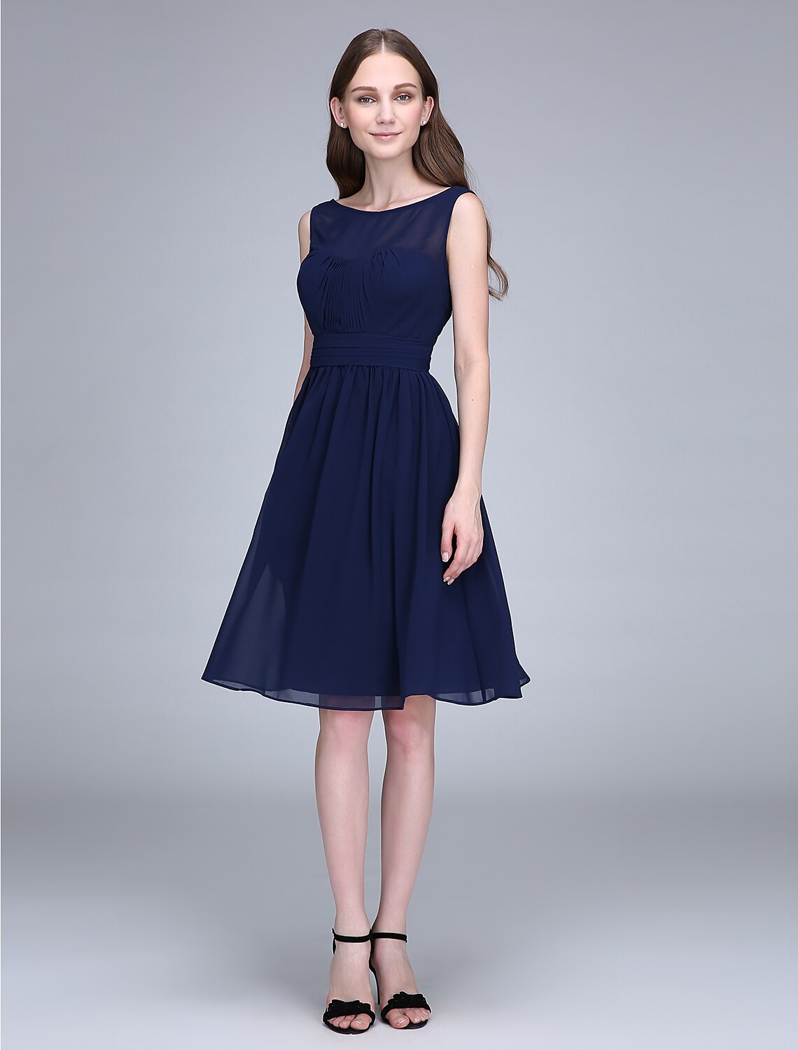 Bridesmaid Dress Jewel Neck Sleeveless Knee Length Chiffon with Ruched