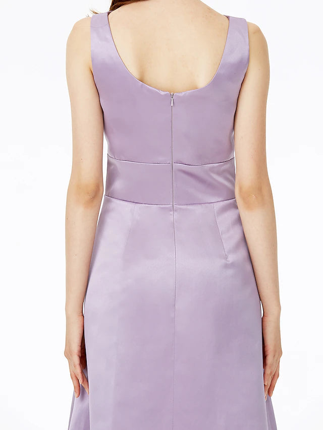 A-Line Bridesmaid Dress Notched Sleeveless Elegant Floor Length Satin with Pleats