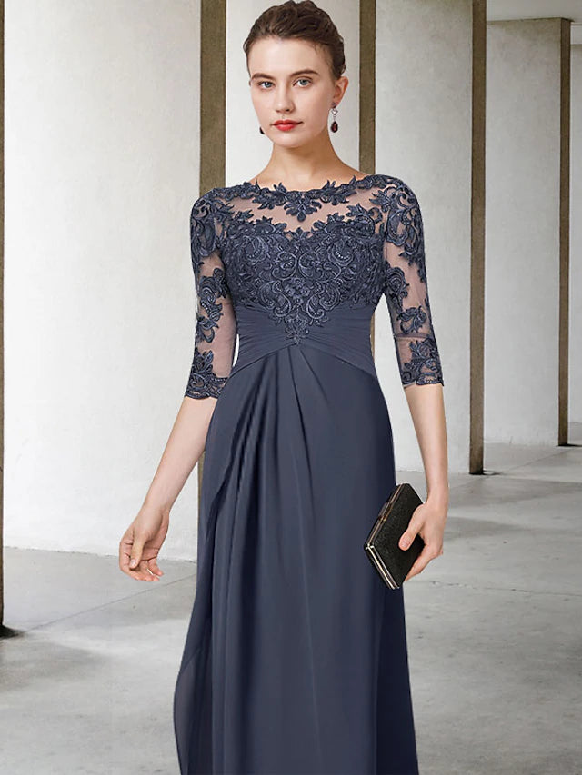 Sheath / Column Plus Size Curve Mother of the Bride Dress Elegant Jewel Neck Floor Length Chiffon Lace Half Sleeve with Pleats Ruched