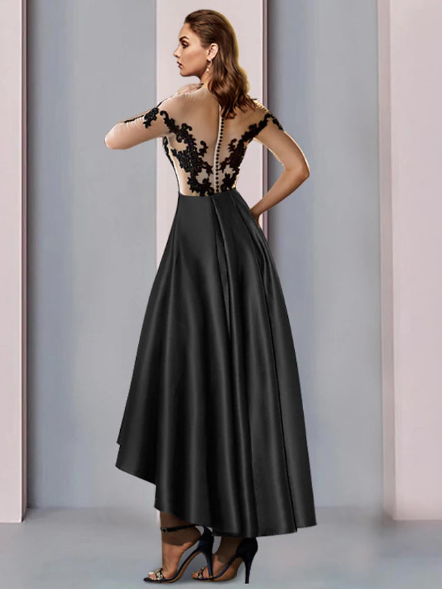 A-Line Mother of the Bride Dress Wedding Guest Vintage Elegant Illusion Neck Asymmetrical Satin Lace Half Sleeve