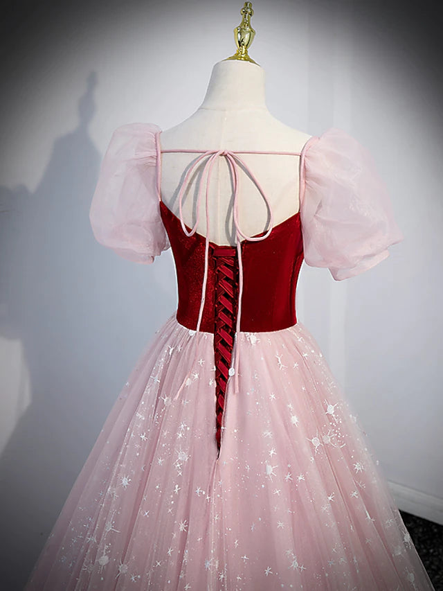 A-Line Prom Dresses Princess Dress Prom Floor Length Short Sleeve Sweetheart Tulle with