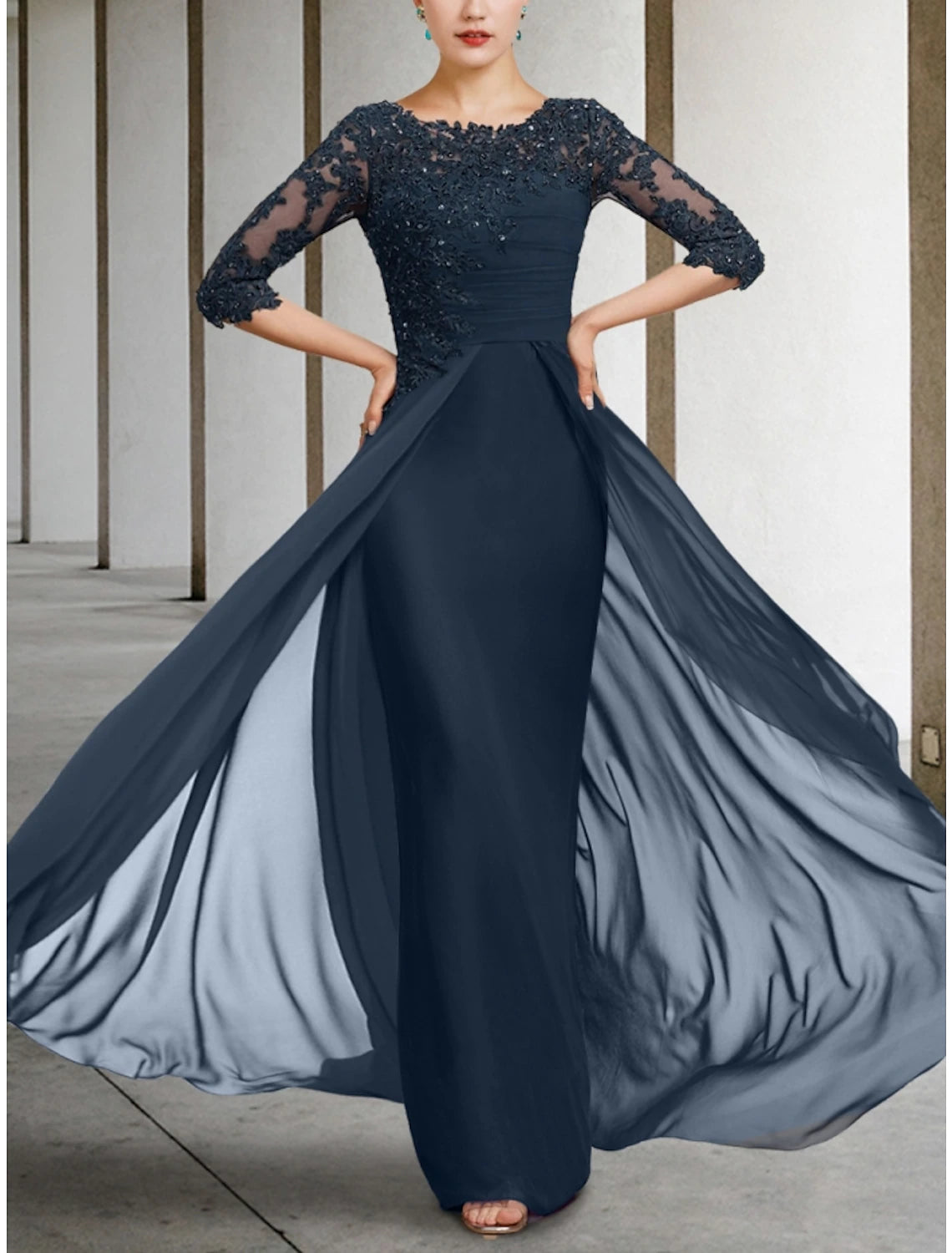 Sheath / Column Mother of the Bride Dress Wedding Guest Elegant Jewel Neck Floor Length Chiffon Lace Half Sleeve with Sequin Ruching