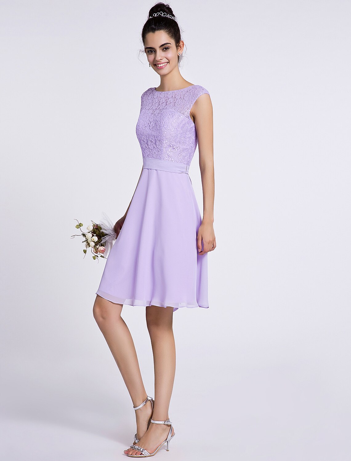 A-Line Bridesmaid Dress Scoop Neck Sleeveless Knee Length Chiffon / Lace