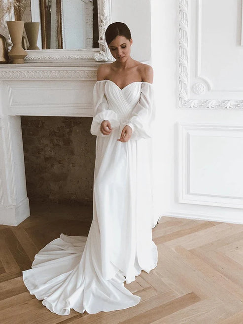 Off the Shoulder Chiffon Beach Long-Sleeve Wedding Dresses Elegant
