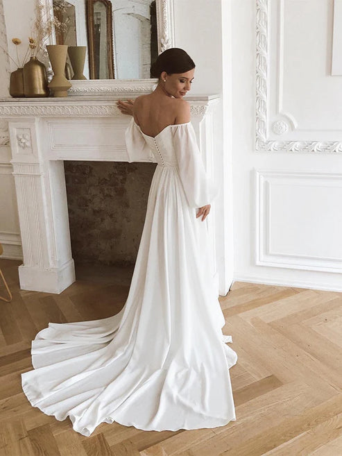 Off the Shoulder Chiffon Beach Long-Sleeve Wedding Dresses Elegant