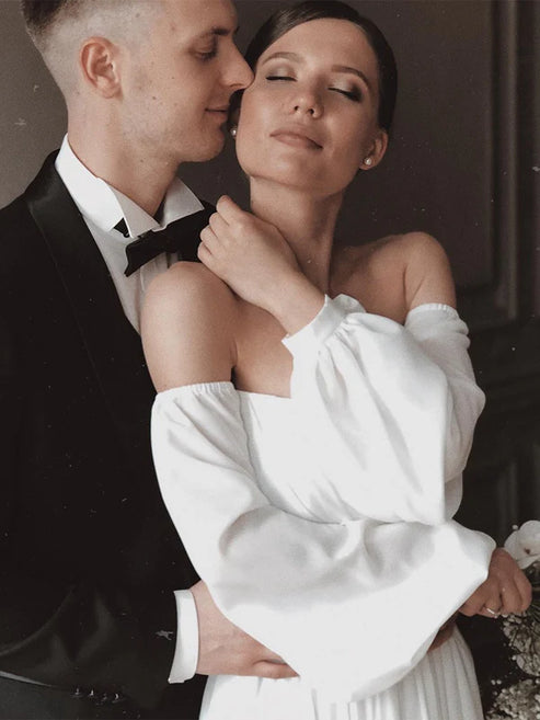 Off the Shoulder Chiffon Beach Long-Sleeve Wedding Dresses Elegant