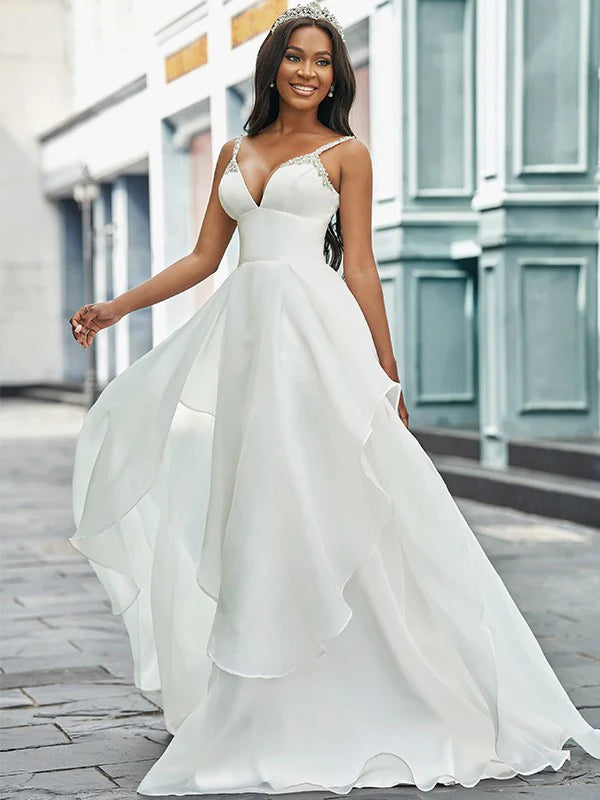 A-Line/Princess V-neck Organza Sleeveless Beading Sweep/Brush Train Wedding Dresses Sexy