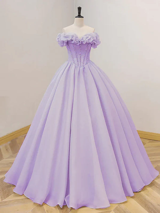 Purple A-line Off Shoulder Long Ball Dress Purple Dress Prom Dresses
