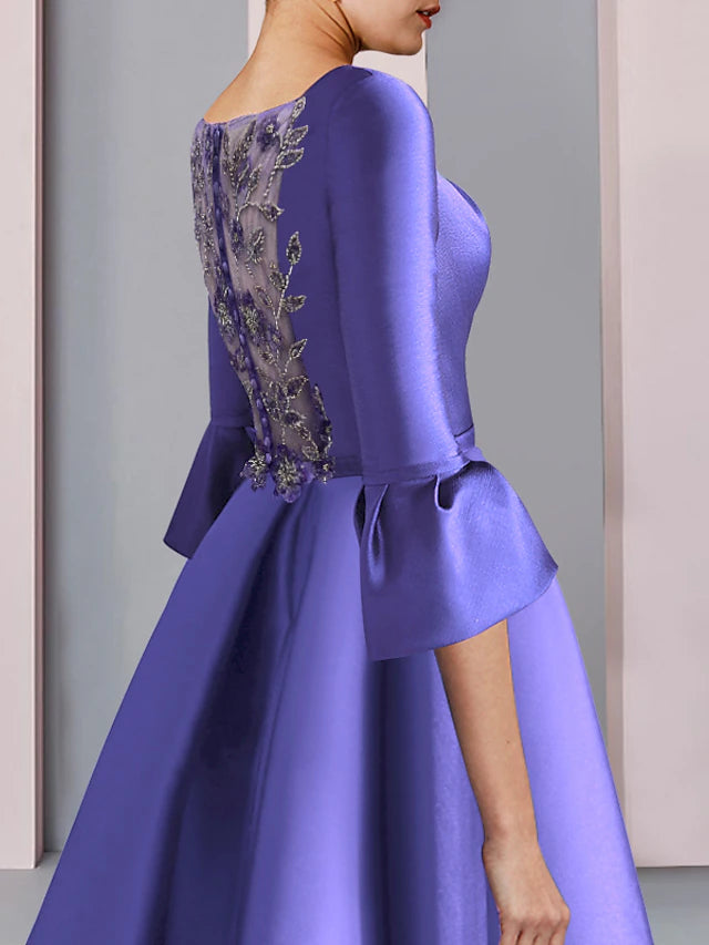 A-Line Mother of the Bride Dress Formal Party Elegant Scoop Neck Floor Length Satin 3/4 Length Sleeve
