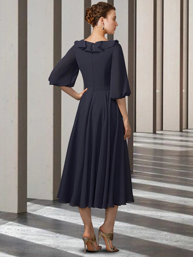A-Line Mother of the Bride Dress Elegant Jewel Neck Tea Length Chiffon Half Sleeve with Pleats