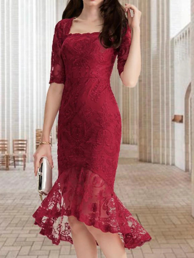 Mermaid / Trumpet Mother of the Bride Dress Vintage Elegant High Low Square Neck Asymmetrical Tea Length Lace Half Sleeve with Ruffles