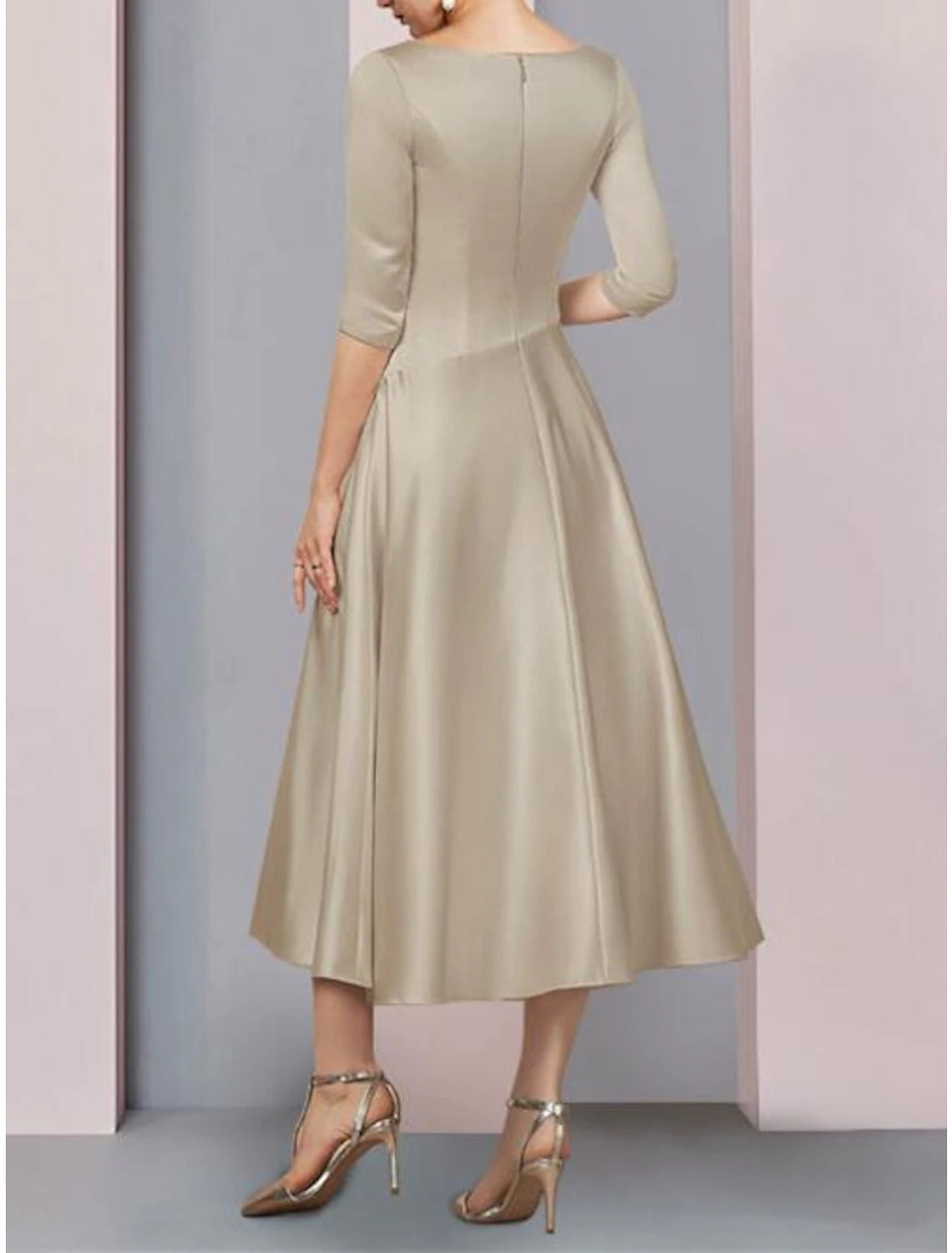 A-Line Mother of the Bride Dress Fall Wedding Guest Vintage Plus Size Elegant V Neck Tea Length Satin 3/4 Length Sleeve