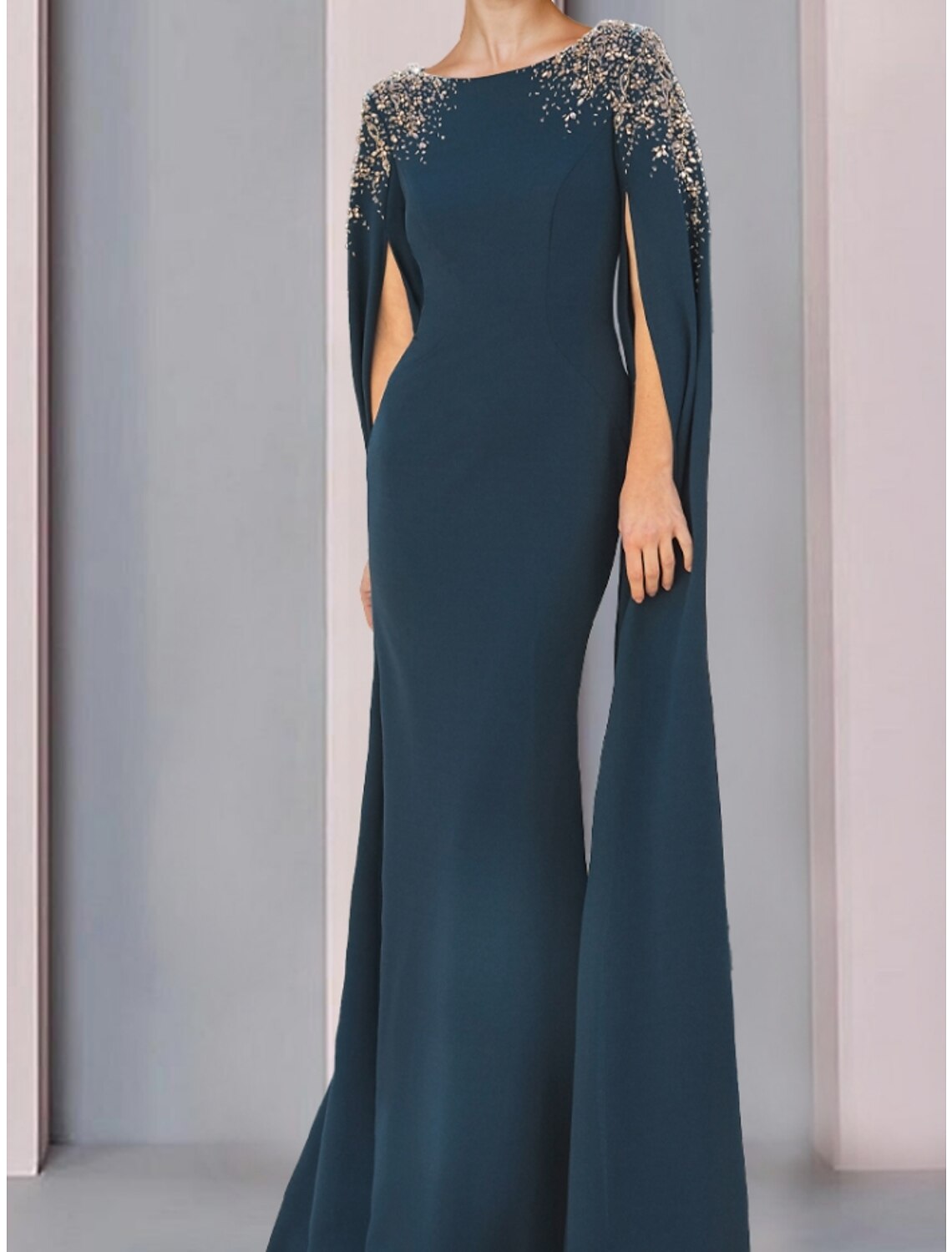 Mermaid / Trumpet Mother of the Bride Dress Wedding Guest Elegant Scoop Neck Sweep / Brush Train Stretch Chiffon Long Sleeve