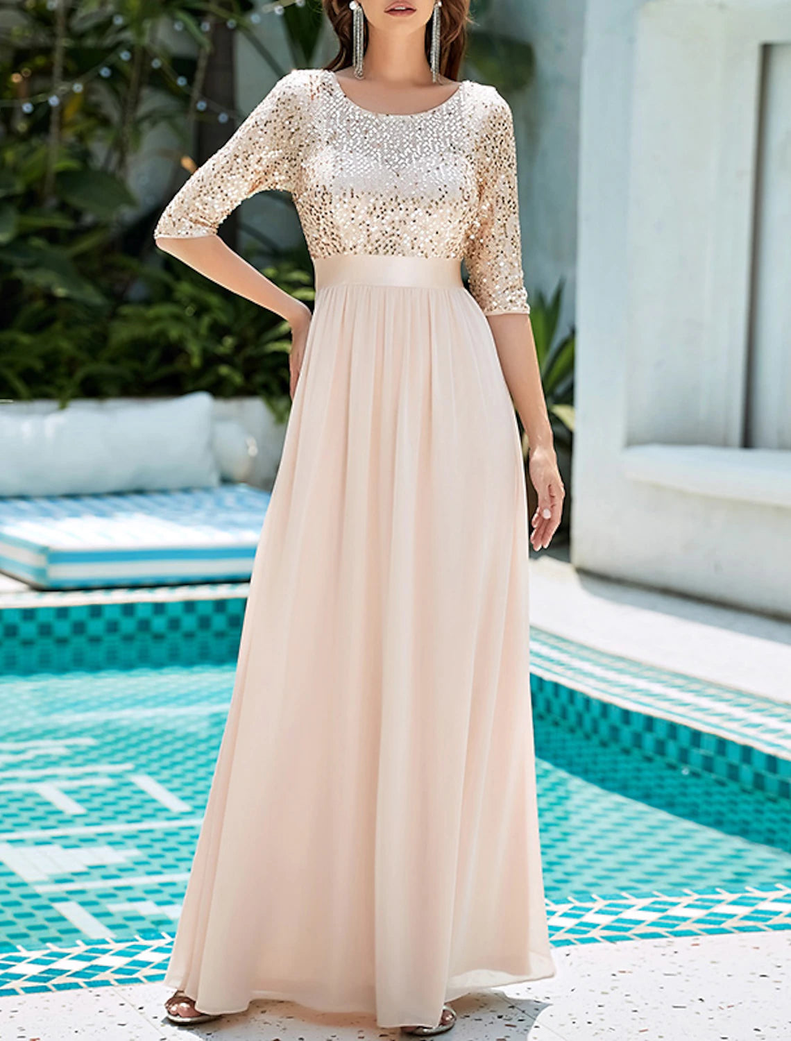A-Line Mother of the Bride Dress Wedding Guest Plus Size Elegant Jewel Neck Floor Length Tulle Sequined 3/4 Length Sleeve