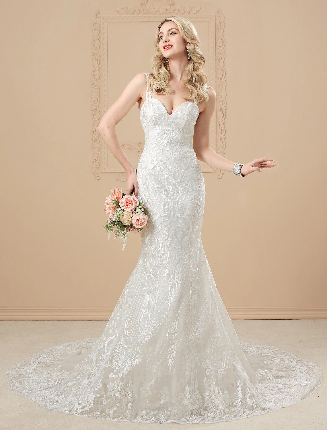 Wedding Dresses Mermaid / Trumpet Sweetheart Spaghetti Strap Chapel Train Satin Bridal Gowns With Buttons