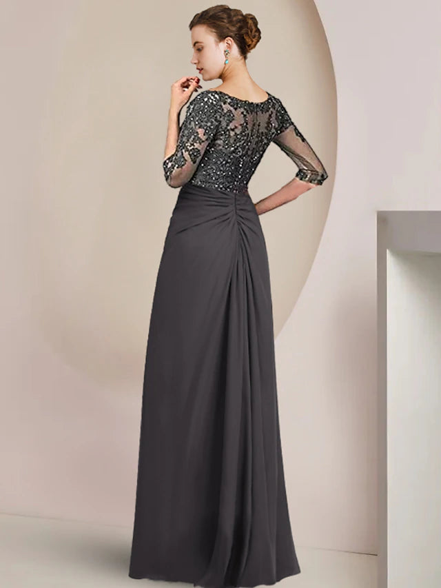 Sheath / Column Mother of the Bride Dress Formal Wedding Guest Elegant Square Neck Floor Length Chiffon Lace 3/4 Length Sleeve with Sequin Appliques
