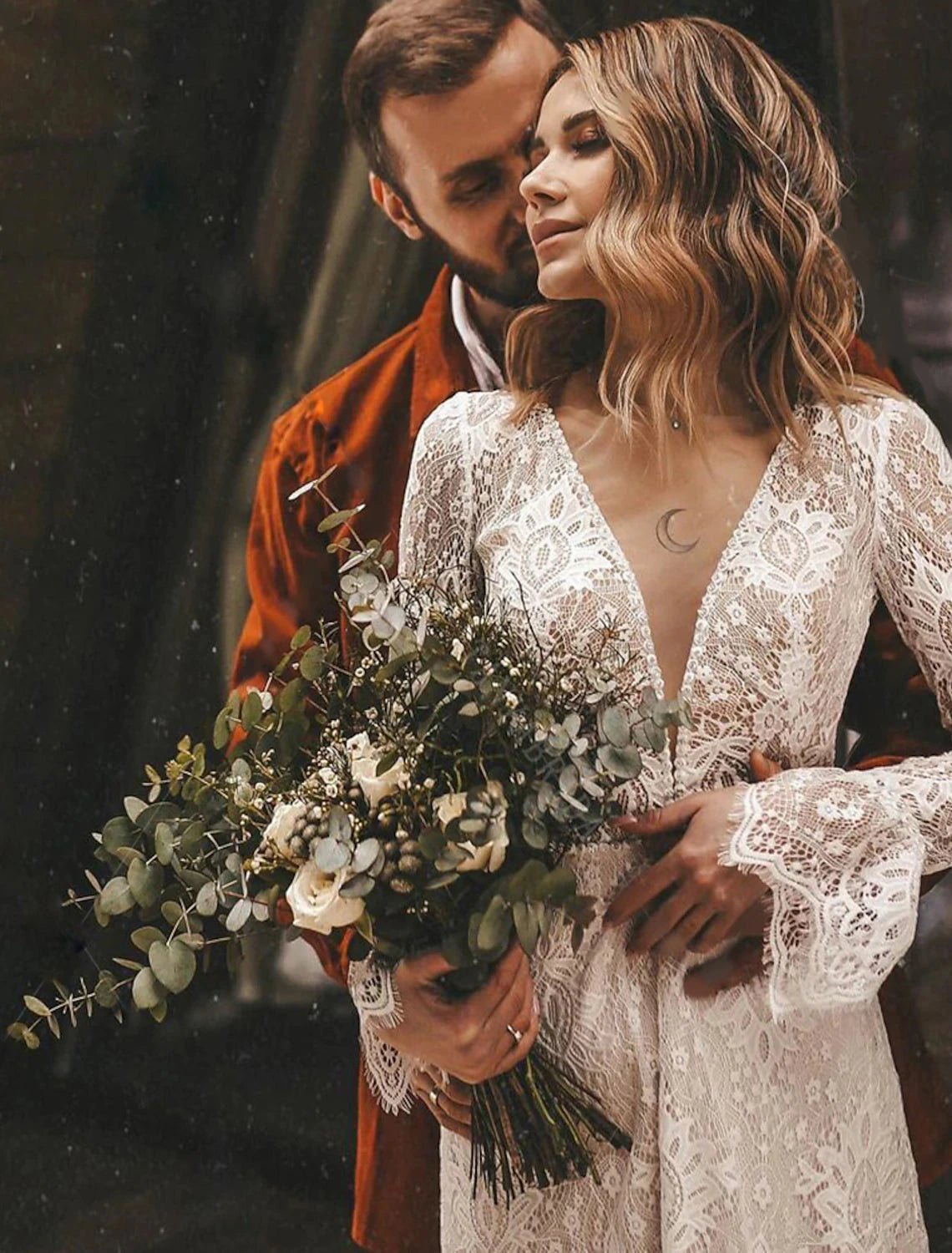 A-Line Wedding Dresses Ankle Length Vintage Little White Dresses Long Sleeve V Neck Chiffon With Solid Color Bridal