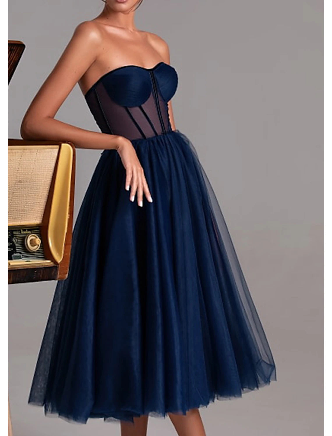 A-Line Cocktail Dresses Party Dress Cocktail Party Prom Tea Length Sleeveless Sweetheart Fall Wedding Guest Tulle