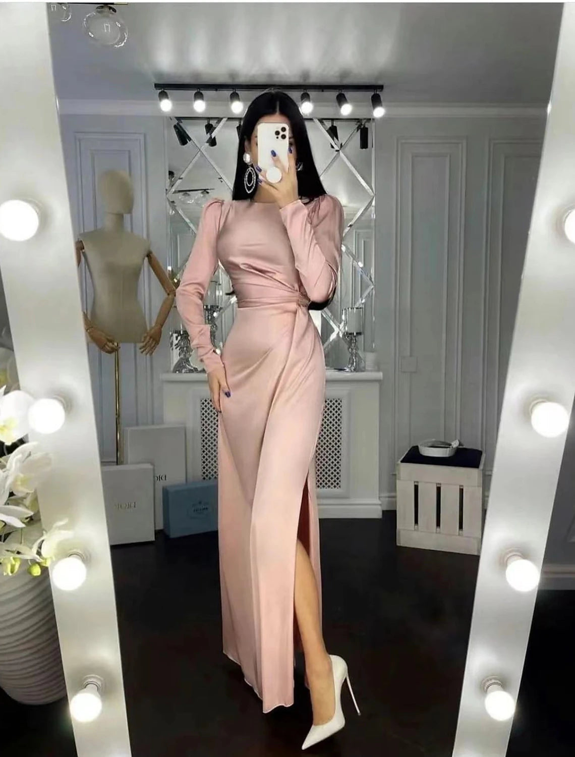 Sheath Party Dress Evening Gown Elegant Dress Wedding Guest Fall Floor Length Long Sleeve High Neck Bridesmaid Dress Satin