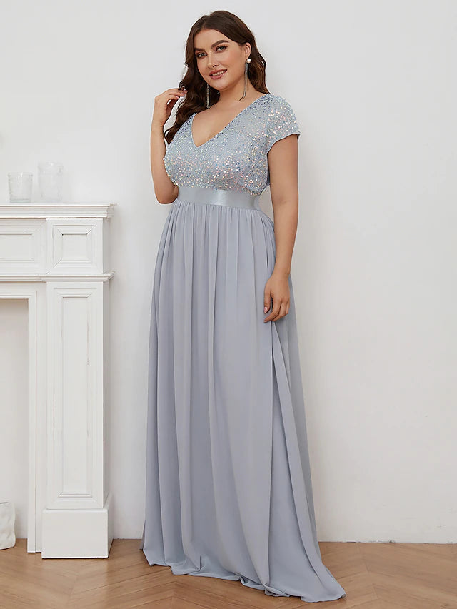 A-Line Bridesmaid Dress V Neck Short Sleeve Elegant Floor Length Chiffon