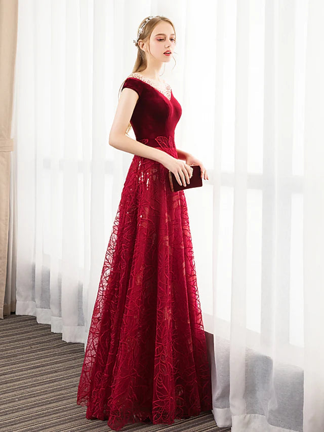 A-Line Prom Dresses Glittering Dress Engagement Floor Length Short Sleeve Jewel Neck Tulle with Pleats Crystals Pattern