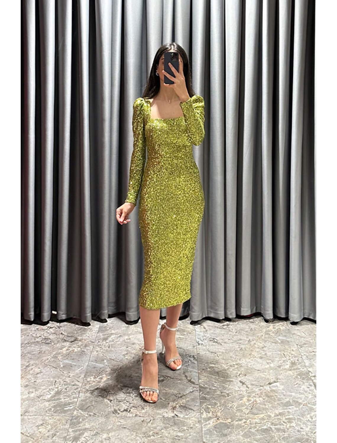Sheath / Column Evening Gown Elegant Black Dress Formal Fall Tea Length Long Sleeve Square Neck Sequined