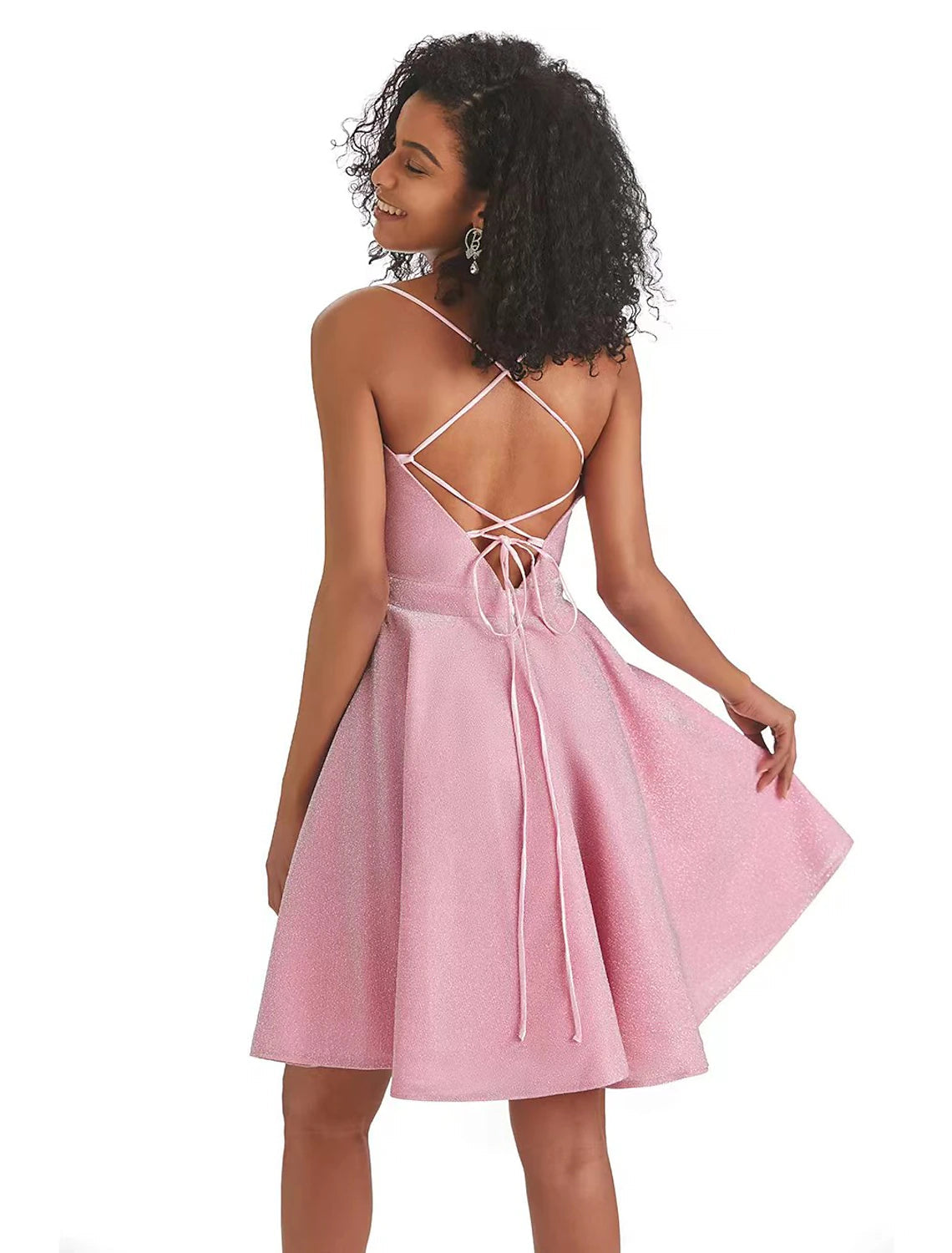 A-Line Homecoming Dresses Backless Dress Graduation Short / Mini Sleeveless Spaghetti Strap Pink Dress Lurex Fabric with Sequin