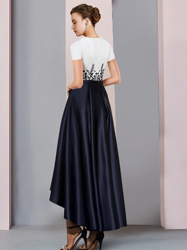 Sheath / Column Mother of the Bride Dress Formal Party Elegant Scoop Neck Asymmetrical Satin Short Sleeve with Pleats